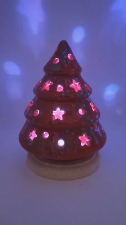 Albero di NATALE portacandela/lampada traforato in ceramica dipinto a mano